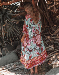 Boho Midi Dress, Kaftan Dress, Maribel Peony Green