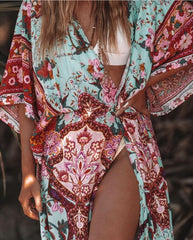 Boho Robe, Kimono Robe,  Beach Cover up, Short Robe, Green Red Amary