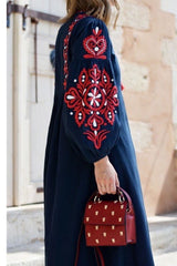 Gown Dress, Boho Maxi Dress, Loose Dress, White and Navy Cotton Tapestry