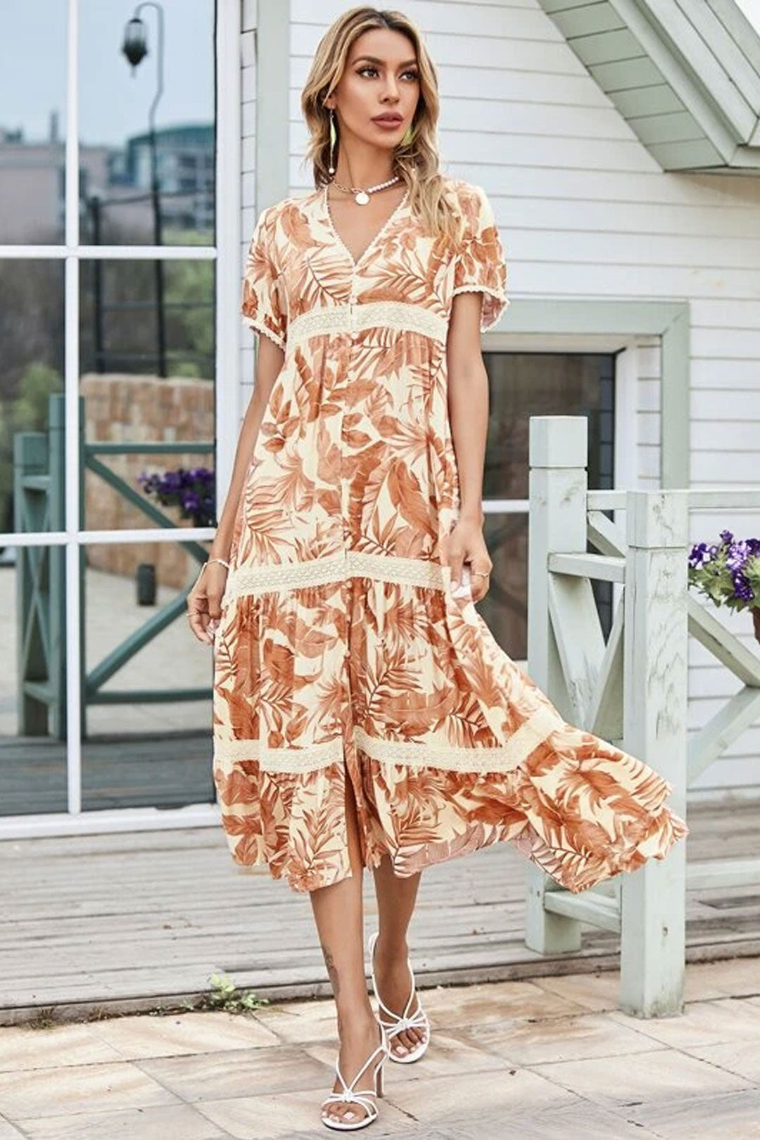 Boho Midi Dress, Tropical Forest in Dry Leave