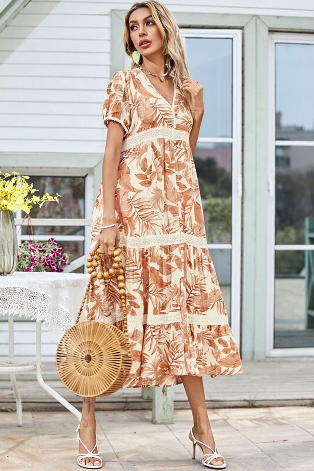 Boho Midi Dress, Tropical Forest in Dry Leave