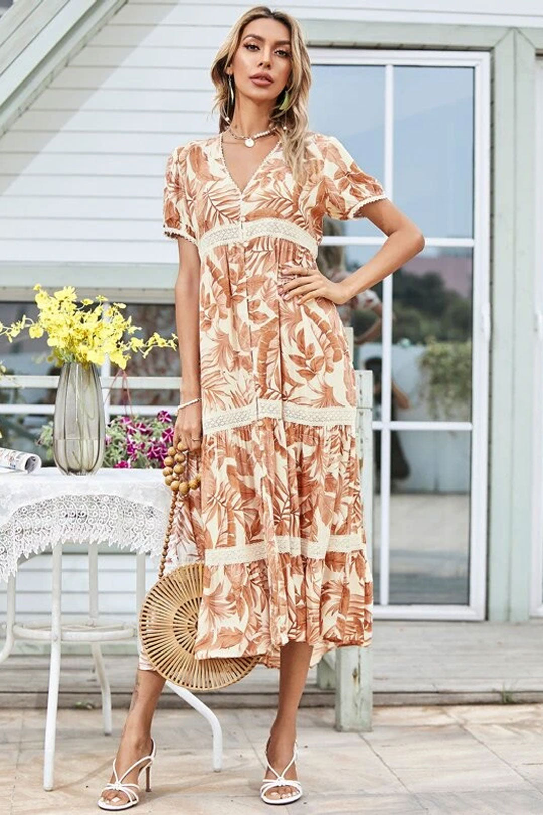 Boho Midi Dress, Tropical Forest in Dry Leave