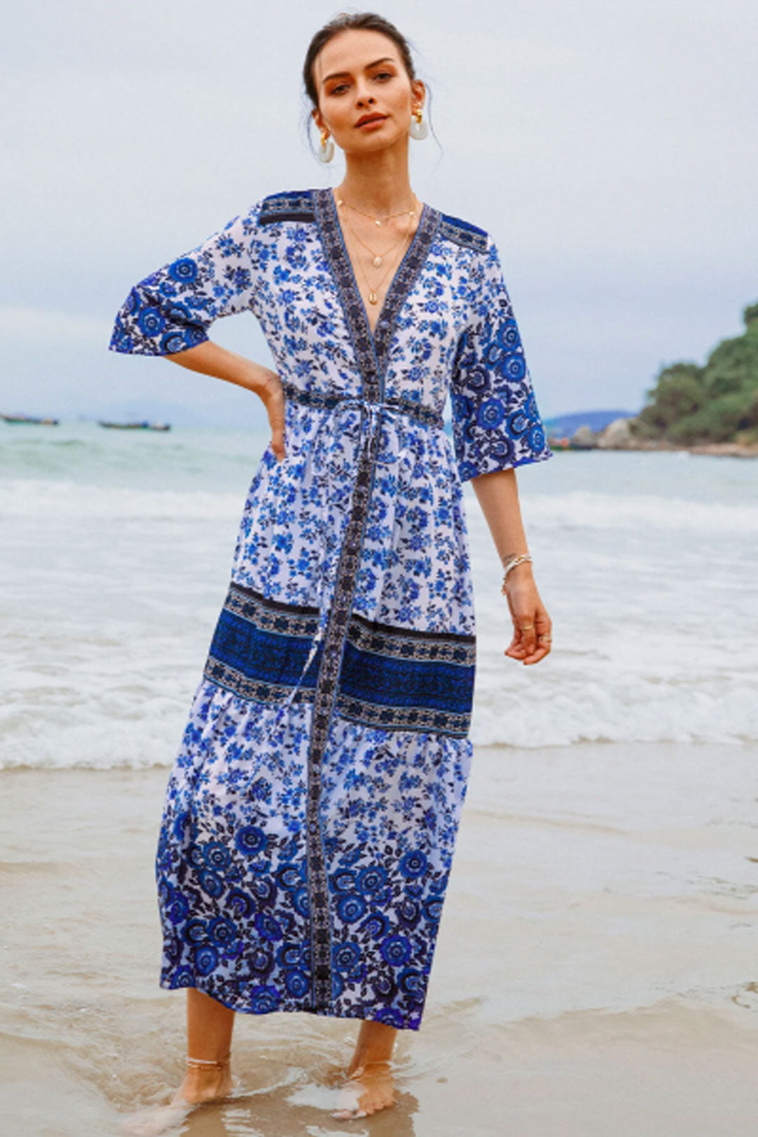 Boho Maxi Dress, Gown, Blue and Red Clementine Rose