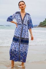 Boho Maxi Dress, Gown, Blue and Red Clementine Rose