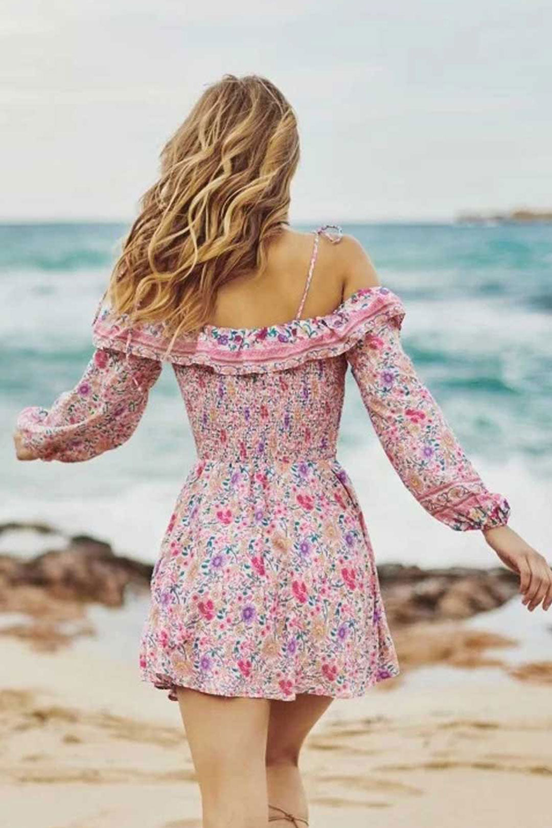 Boho Mini Dress Off  Shoulder Sundress, Pastel Pink  Rose