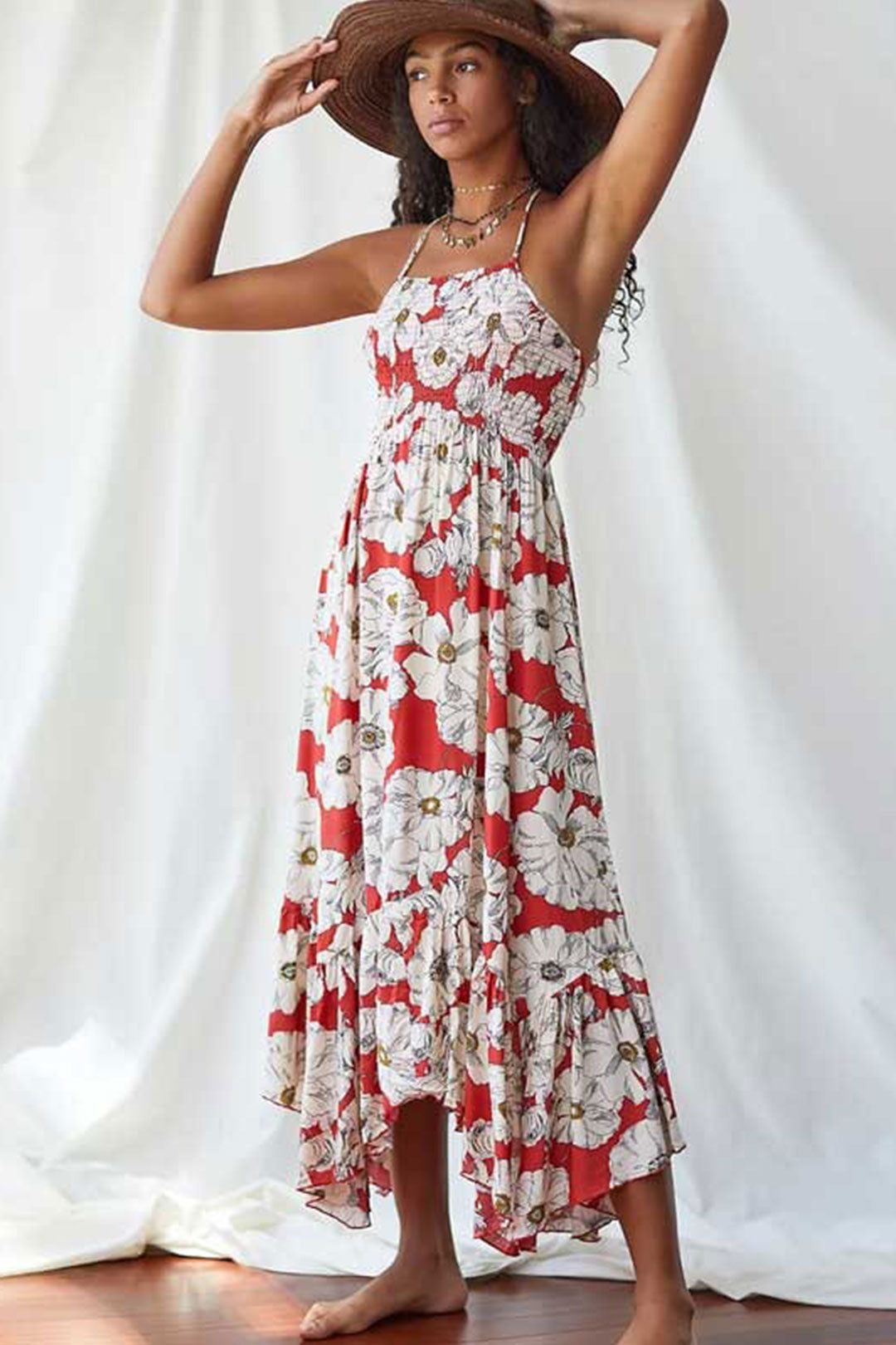 Boho Maxi Dress, Strappy, Red Peony