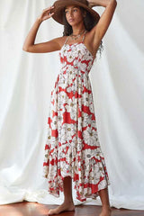 Boho Maxi Dress, Strappy, Red Peony