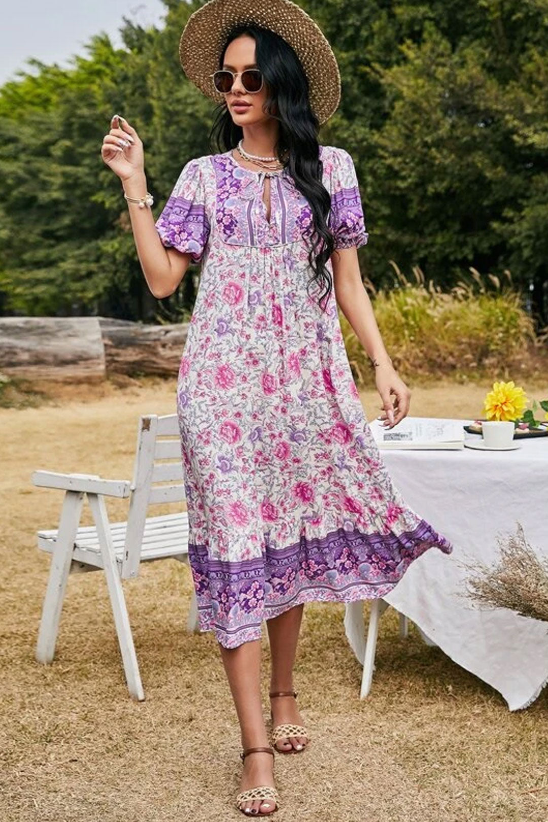 Boho Midi Dress, Sundress, Purple Verbena