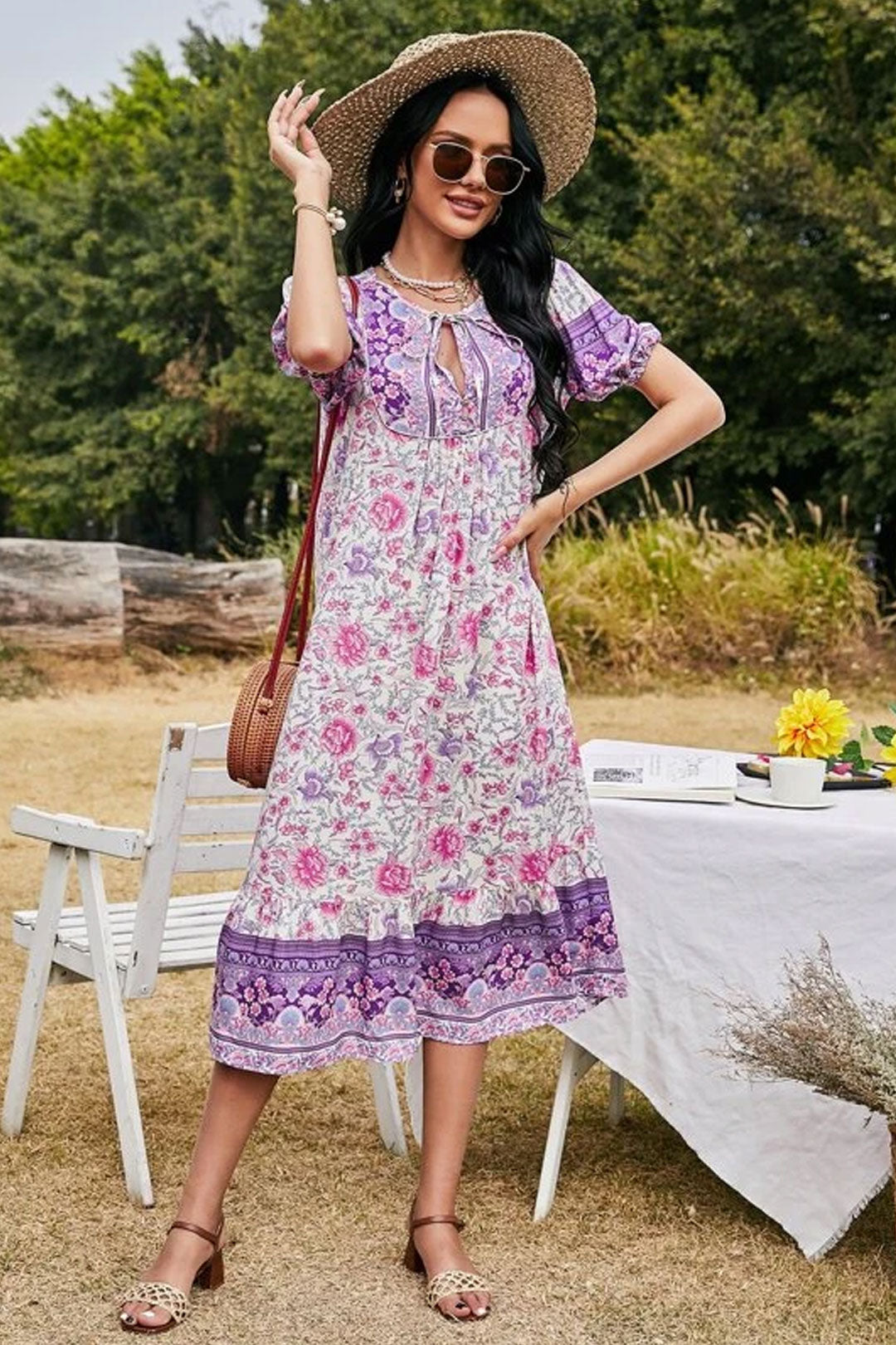 Boho Midi Dress, Sundress, Purple Verbena