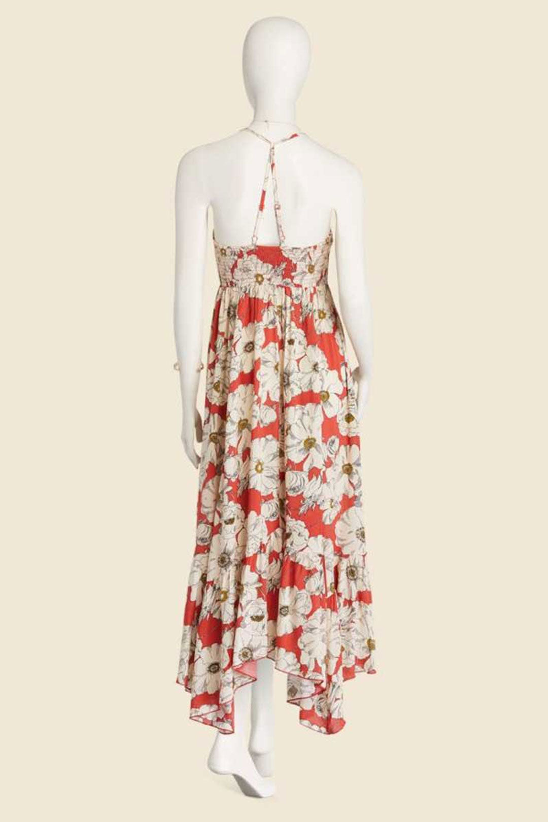 Boho Maxi Dress, Strappy, Red Peony