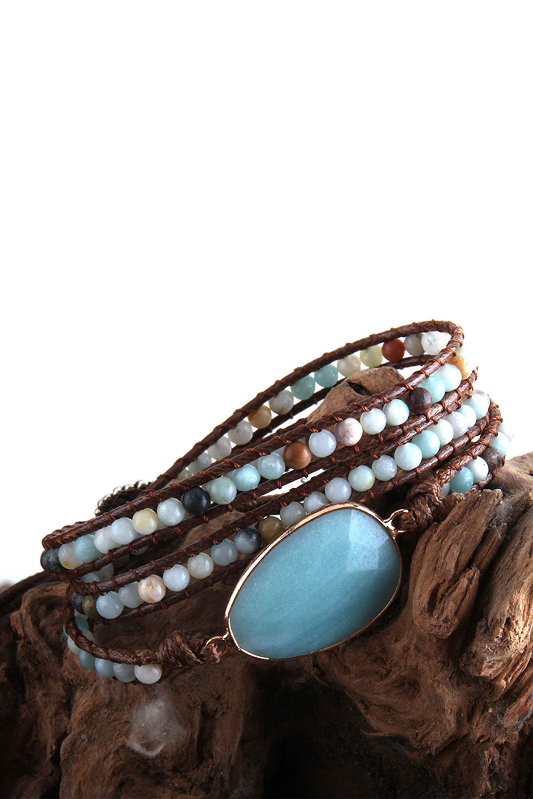 Boho Bracelet, RH 3 Layers Leather Wrap Bracelet, Natural Stones, Blue, Rose, Purple