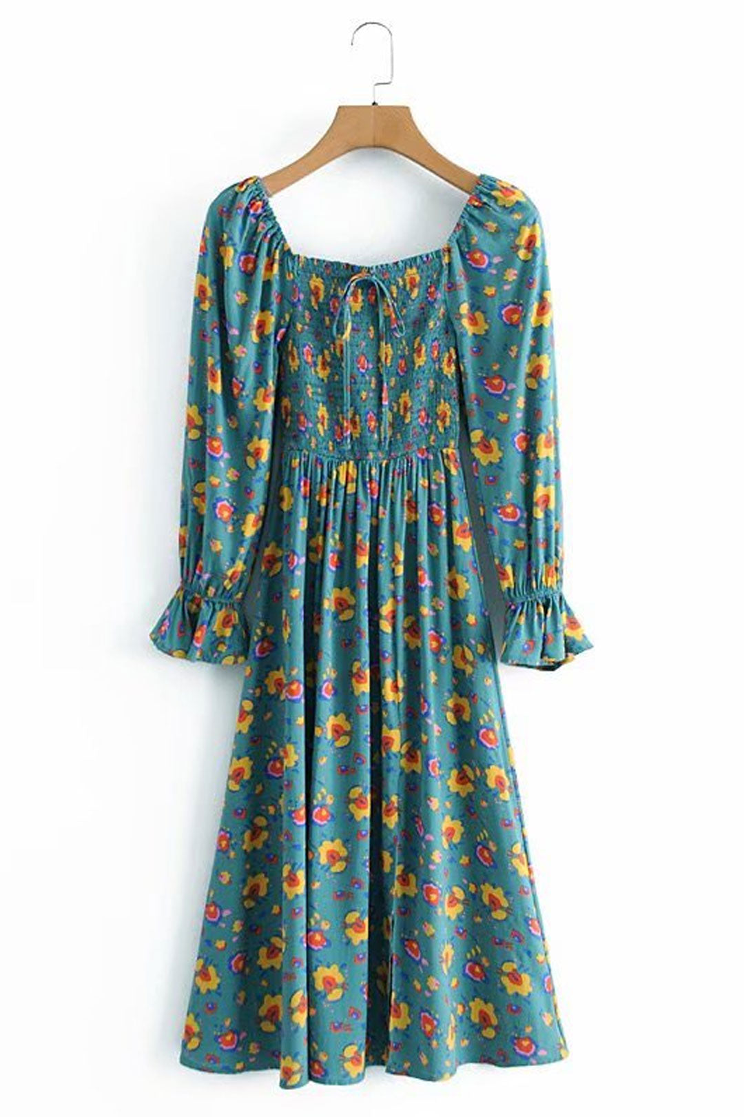 Boho Midi Dress, Smocked Dress, Green Poppy