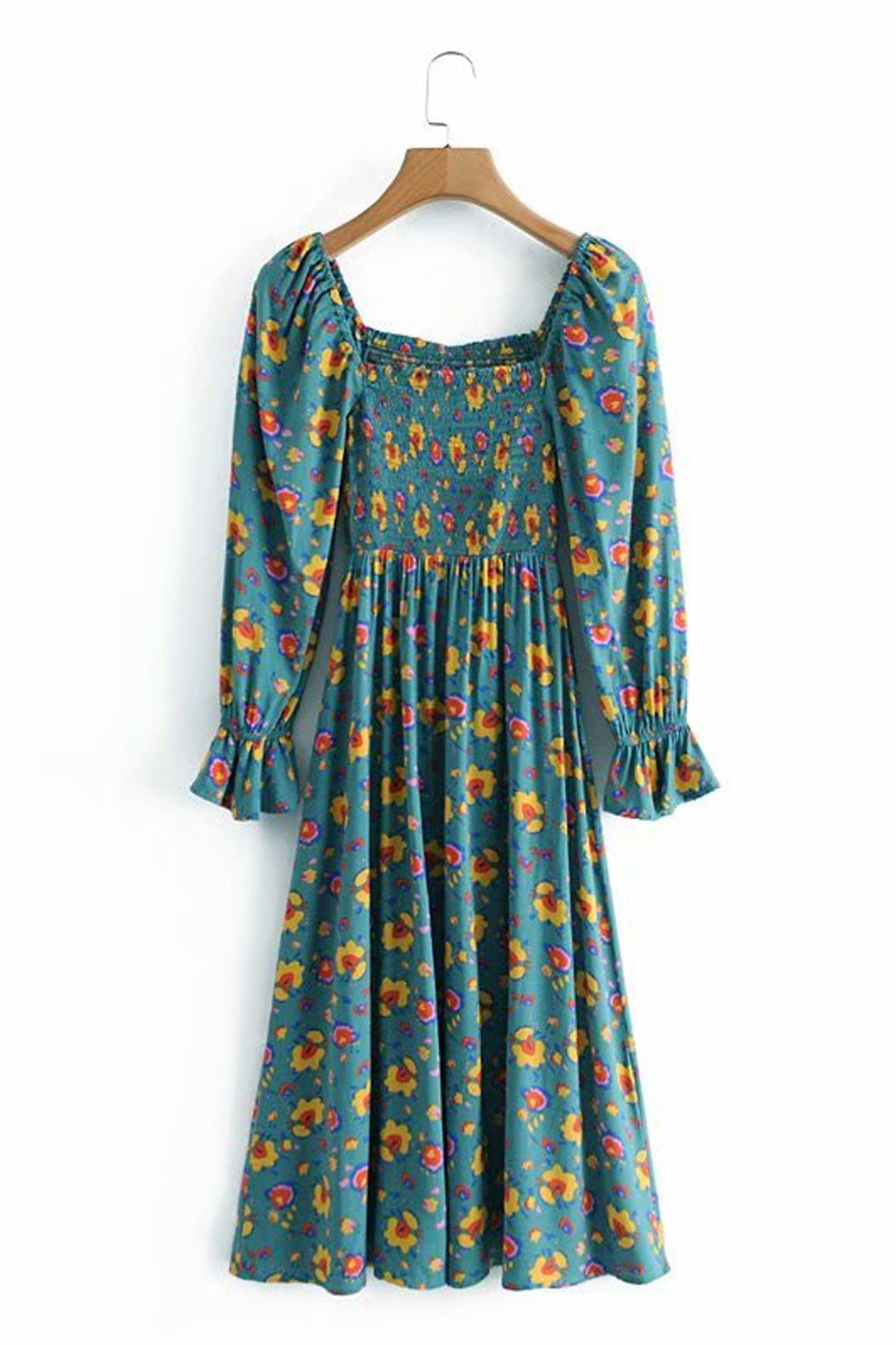 Boho Midi Dress, Smocked Dress, Green Poppy