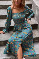 Boho Midi Dress, Smocked Dress, Green Poppy
