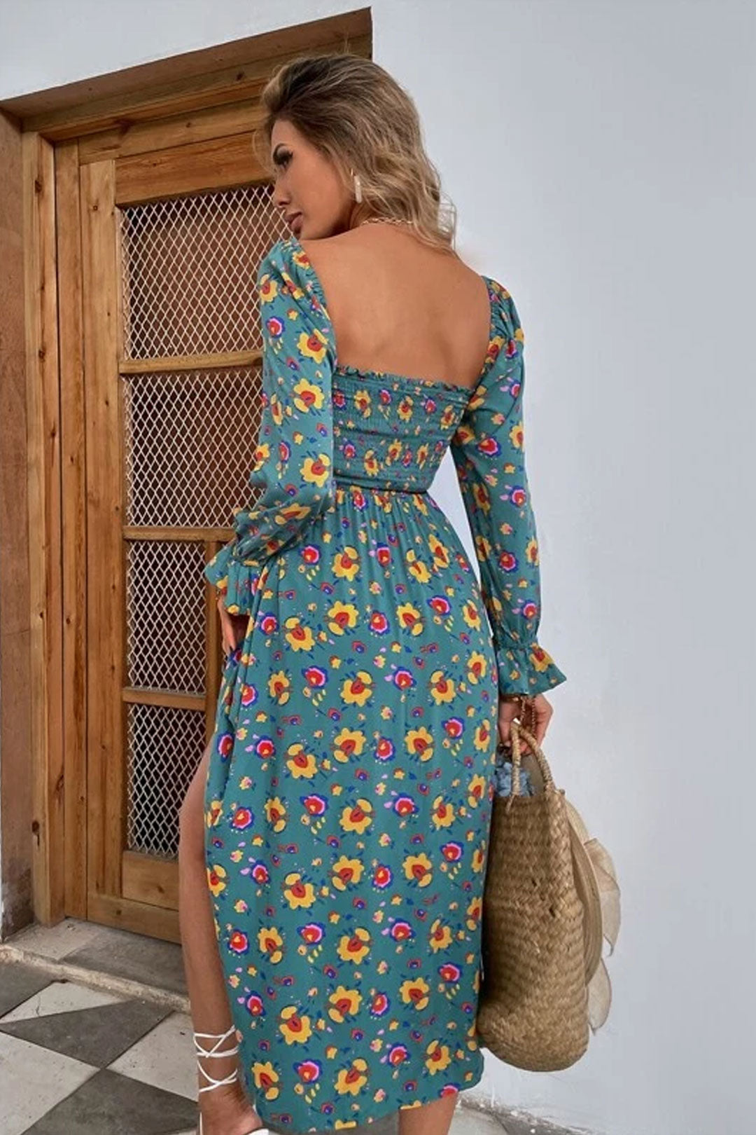 Boho Midi Dress, Smocked Dress, Green Poppy
