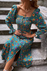 Boho Midi Dress, Smocked Dress, Green Poppy