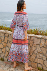 Boho Maxi Dress, Gown, Blue and Red Clementine Rose
