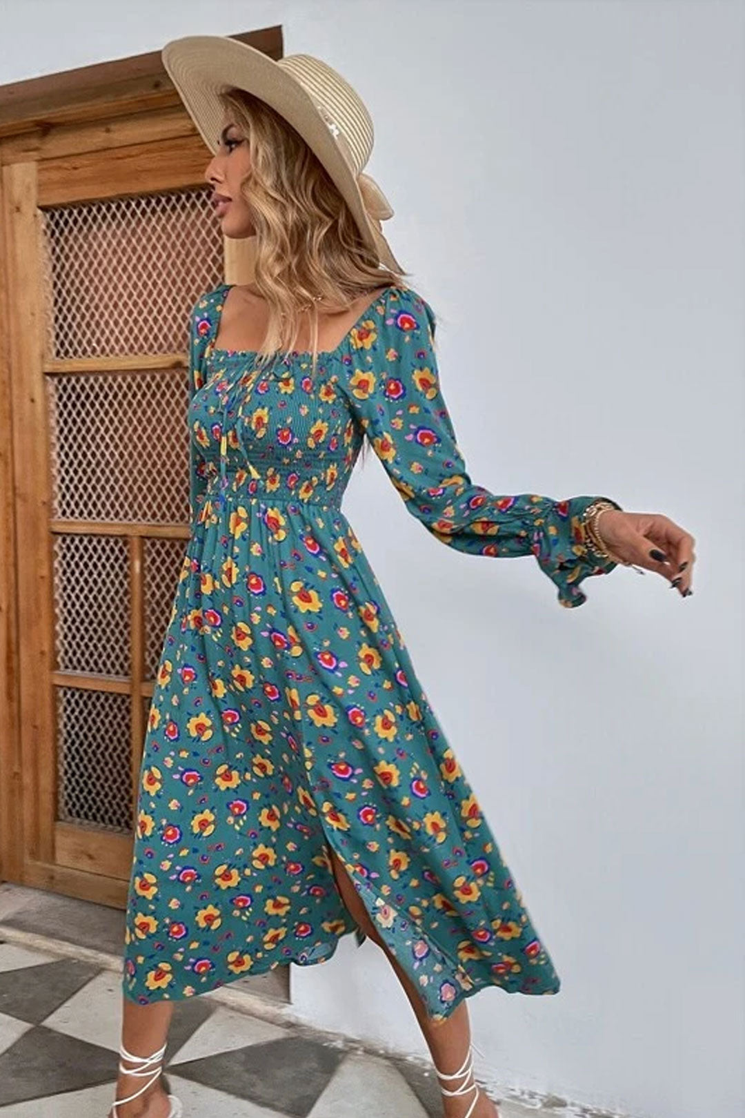 Boho Midi Dress, Smocked Dress, Green Poppy