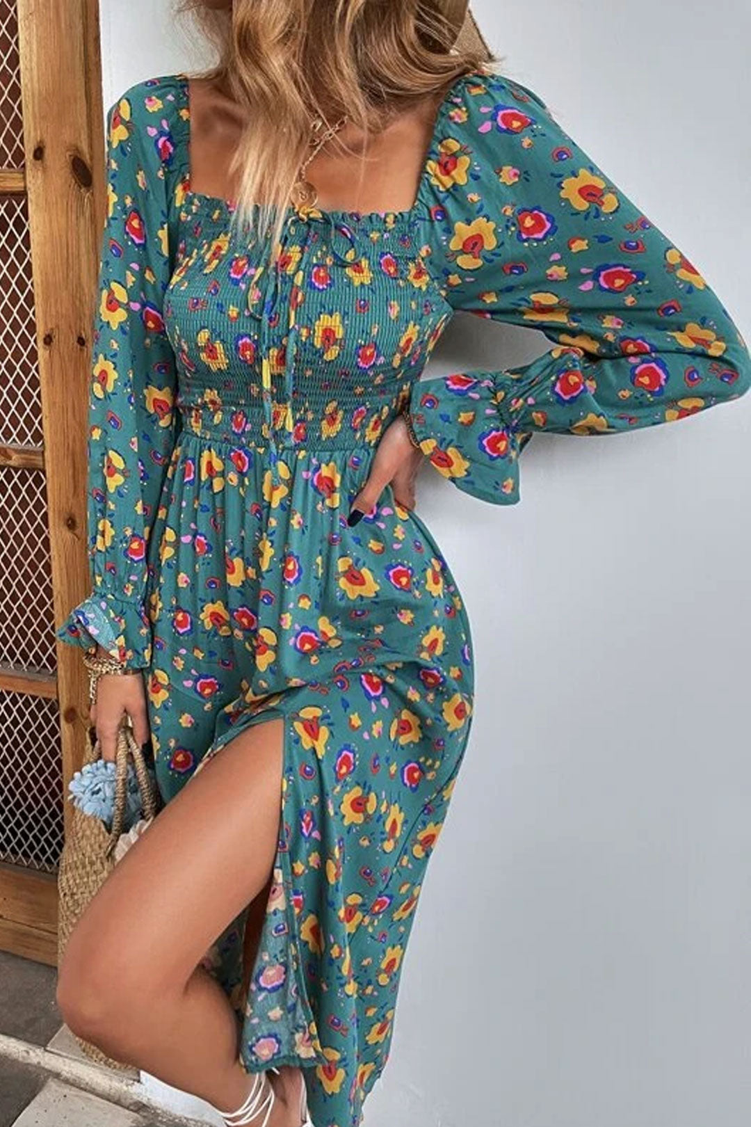 Boho Midi Dress, Smocked Dress, Green Poppy