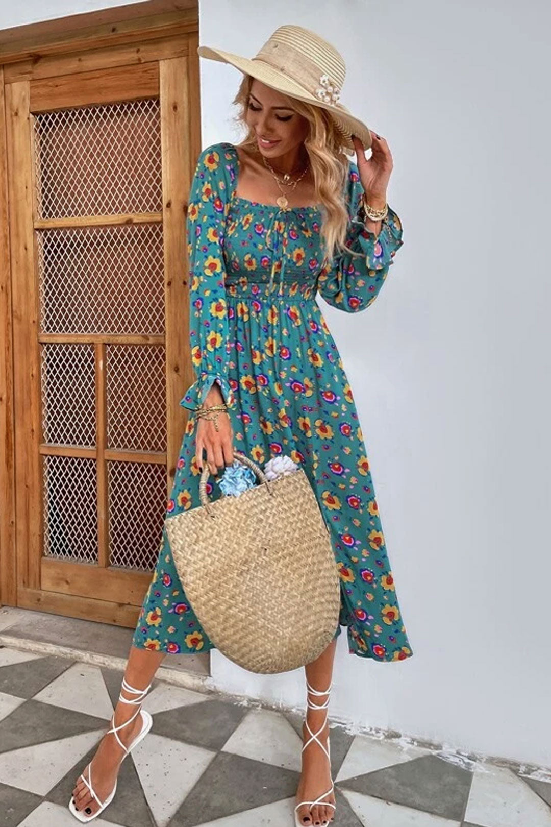 Boho Midi Dress, Smocked Dress, Green Poppy
