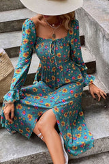 Boho Midi Dress, Smocked Dress, Green Poppy