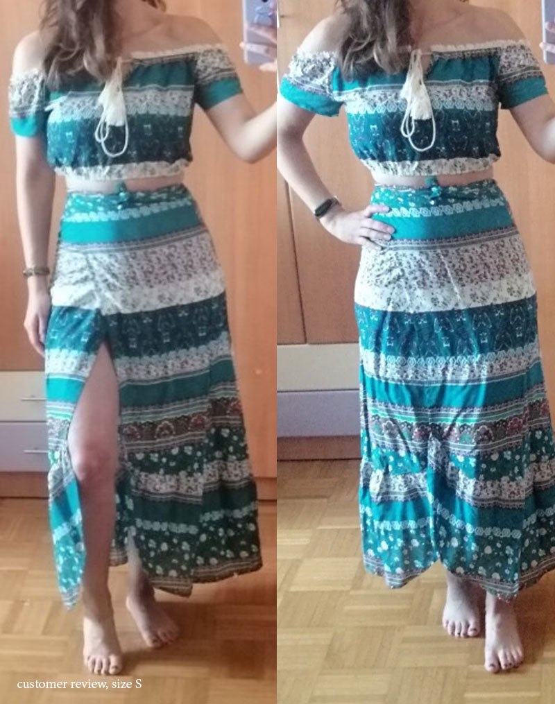 Boho Two Piece Set, Two Piece Skirt Set, Wild Boho Tassel in Green