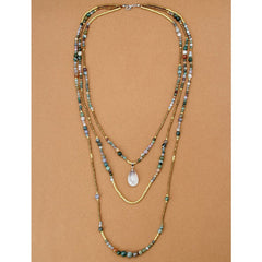 Boho Necklace, 3 Layers, Blue Natural Stone, Teardop Pendant