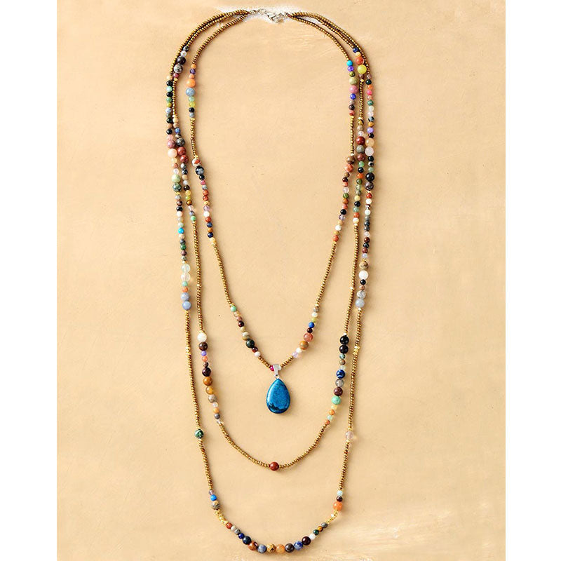 Boho Necklace, 3 Layers, White Natural Stone, Teardop Pendant