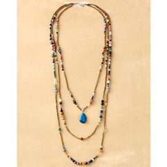 Boho Necklace, 3 Layers, White Natural Stone, Teardop Pendant