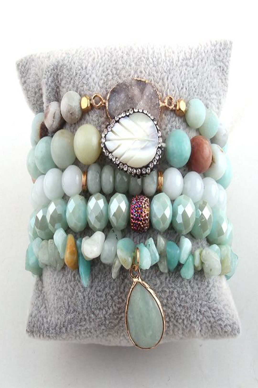 Boho Bracelet, RH Bracelet Set, Diamon Leaf, Natural Stones in Green, Rose, Purple