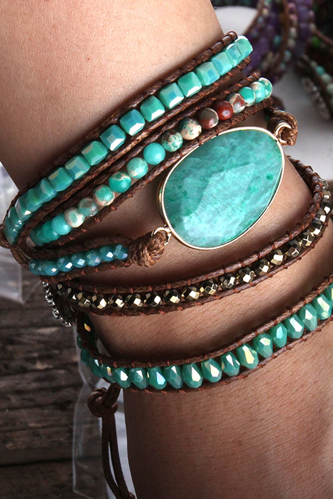 Boho Bracelet, RH 5 Layers Leather Wrap Bracelet, Natural Stones, Green, Rose, Purple