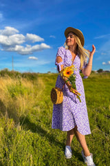 Vintage Dress, Boho Midi Dress, Dress, Wrap Dress, Flower Child Iris Purple