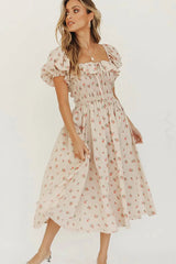 Boho Midi Dress, Off  Shoulder Smocked Dress, Pink Foxolove