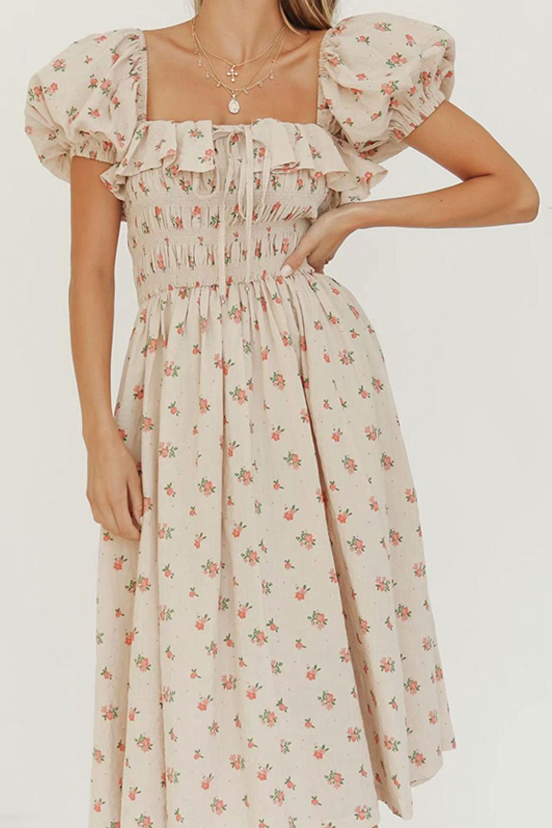 Boho Midi Dress, Off  Shoulder Smocked Dress, Pink Foxolove
