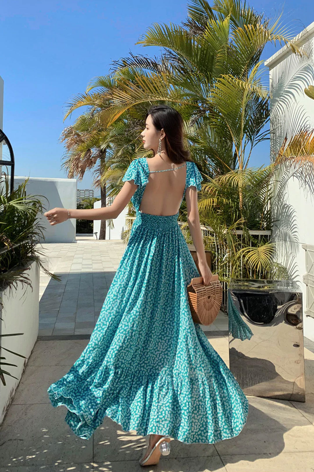 Vintage Dress, Boho Midi Dress,  Dress, Backless Dress, Blue Sky, Yellow and Red