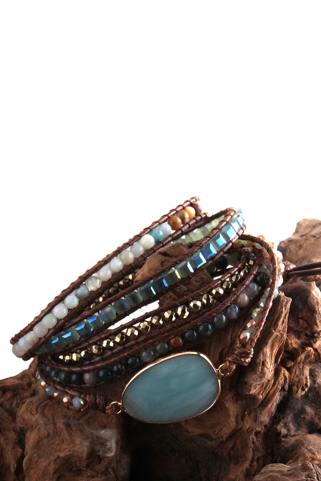 Boho Bracelet, RH 5 Layers Leather Wrap Bracelet, Crystal and Natural Stones, Blue, Rose, Purple
