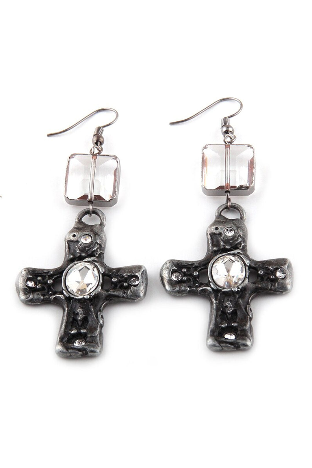Boho Earrings, RH Dangle Earrings, Silver Metal Cross
