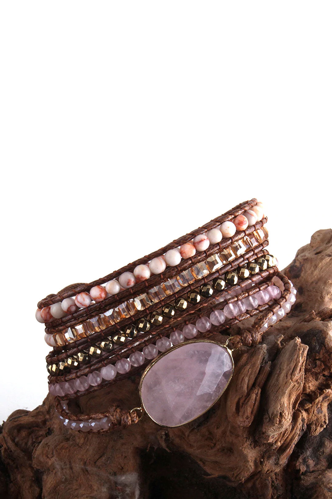 Boho Bracelet, RH 5 Layers Leather Wrap Bracelet, Crystal and Natural Stones, Blue, Rose, Purple