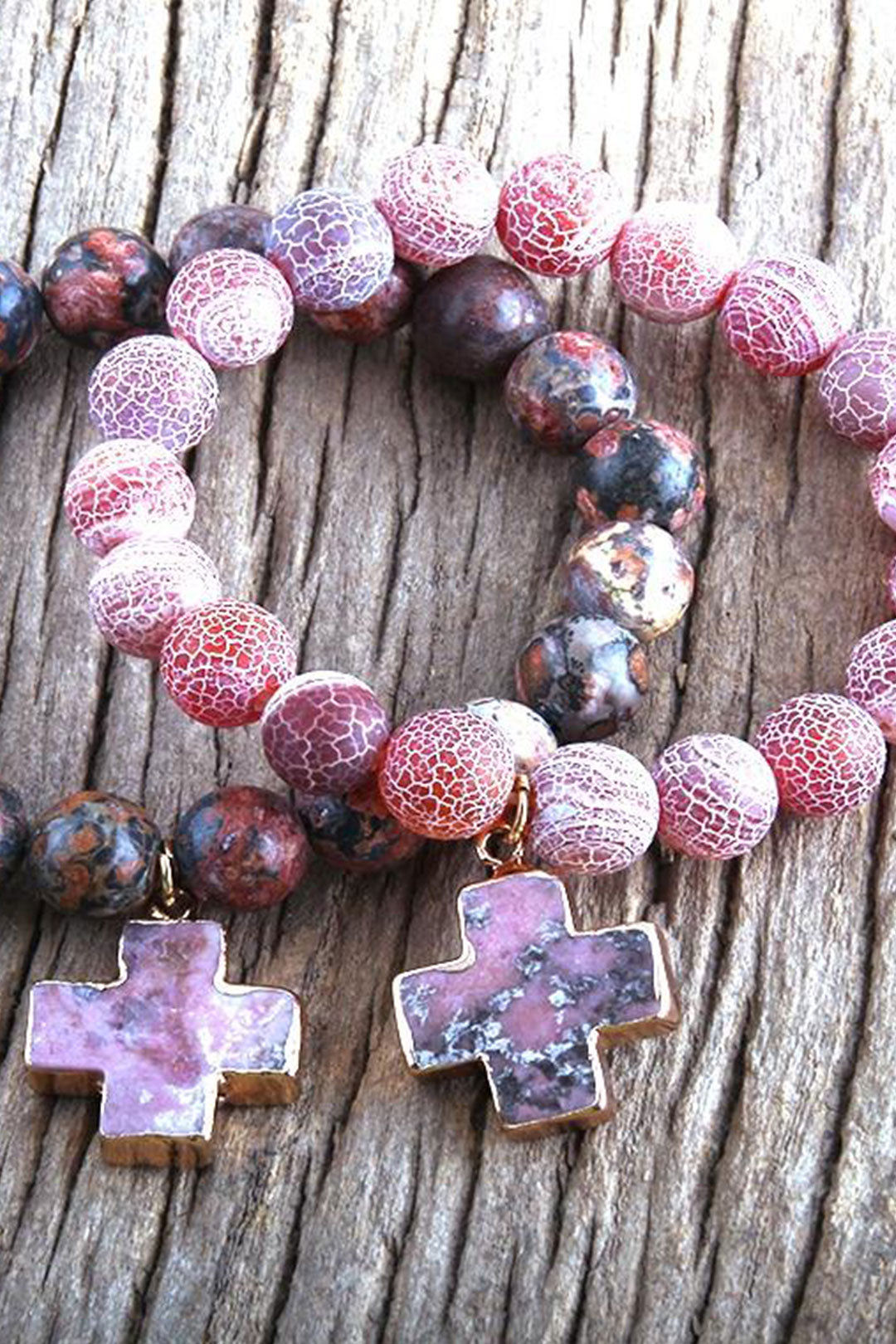 Boho Bracelet, RH Natural Stones Pink Cross