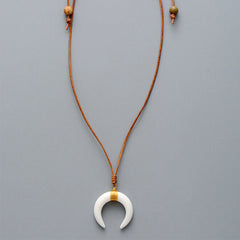 Boho Necklace, Ox Horn, Shell White and Black Onyx Crescent