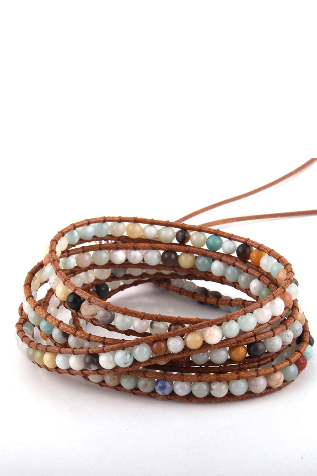 Boho Bracelet, RH 5 Layers Leather Wrap Bracelet, 4 mm Natural Stones, Blue, White, Black