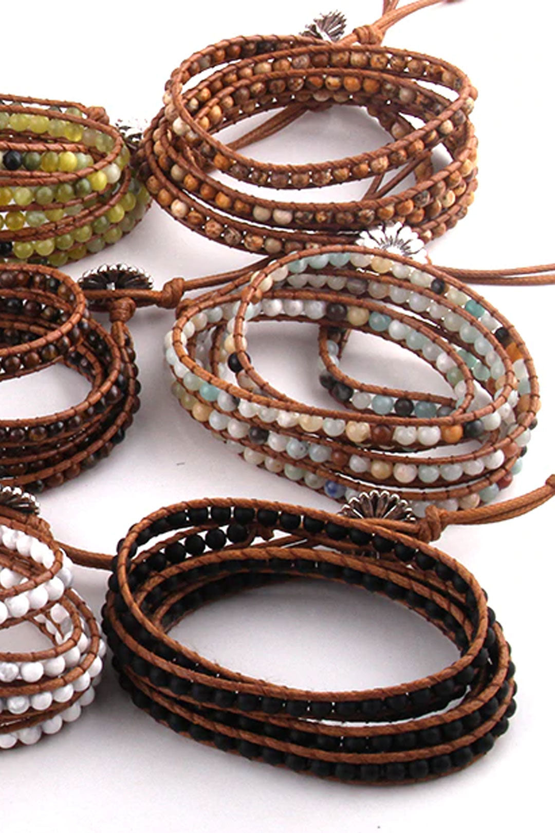Boho Bracelet, RH 5 Layers Leather Wrap Bracelet, 4 mm Natural Stones, Blue, White, Black