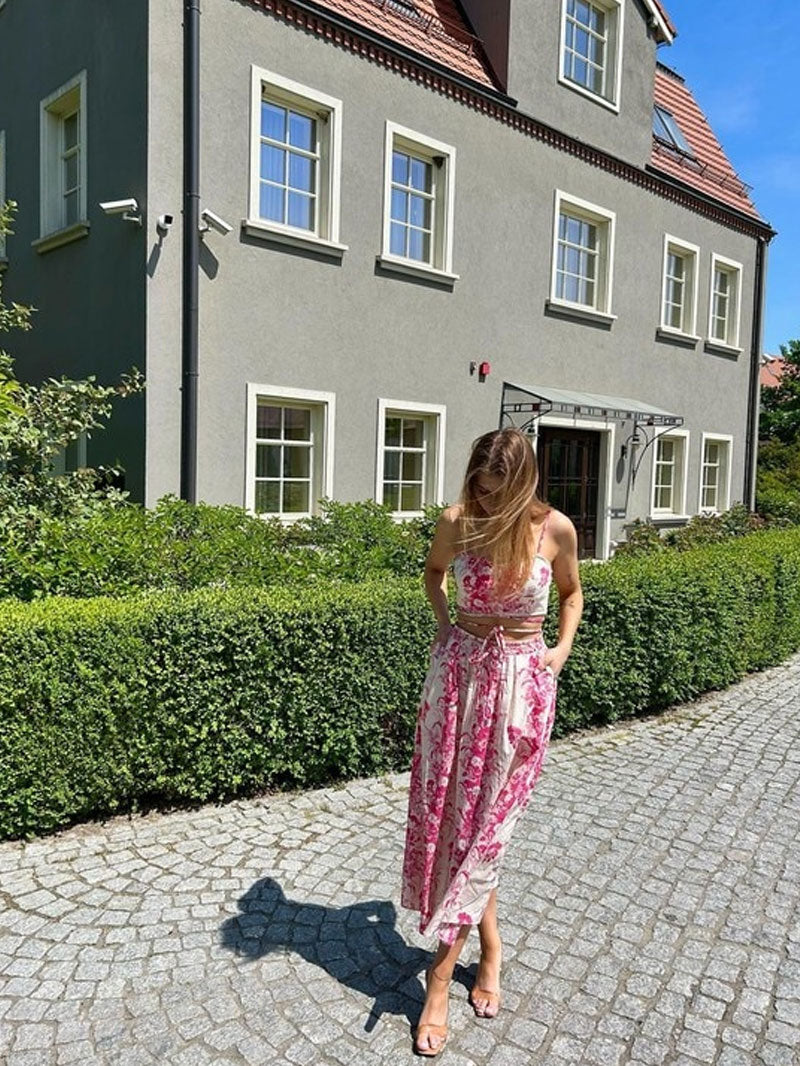 Boho Two Piece Set - Crop Top and Skirt for Summer Vacation Beach Vibes Pink Garden