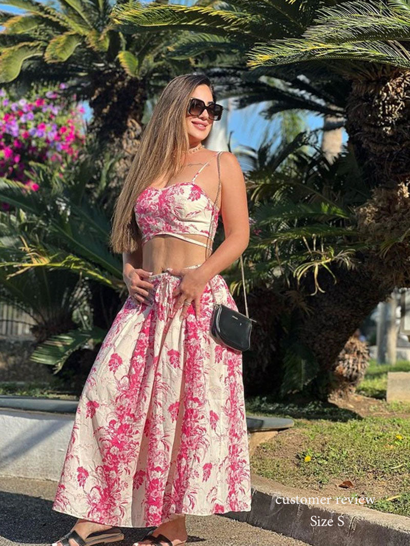 Boho Two Piece Set - Crop Top and Skirt for Summer Vacation Beach Vibes Pink Garden