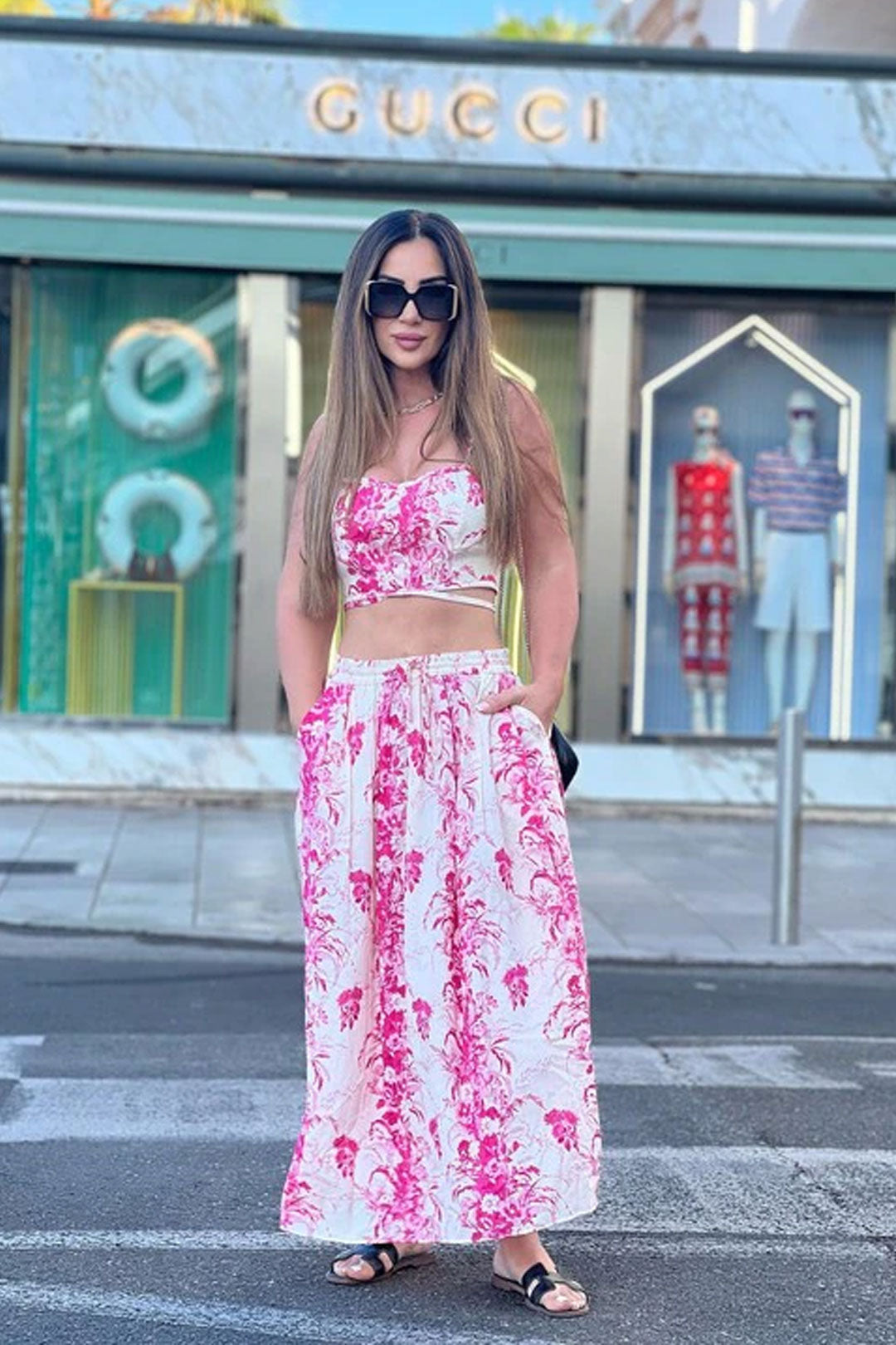 Boho Two Piece Set - Crop Top and Skirt for Summer Vacation Beach Vibes Pink Garden