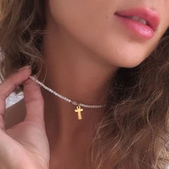 Boho Personalized Custom Necklace, Seed Bead Choker, Pearl Heart Gold Letter Name