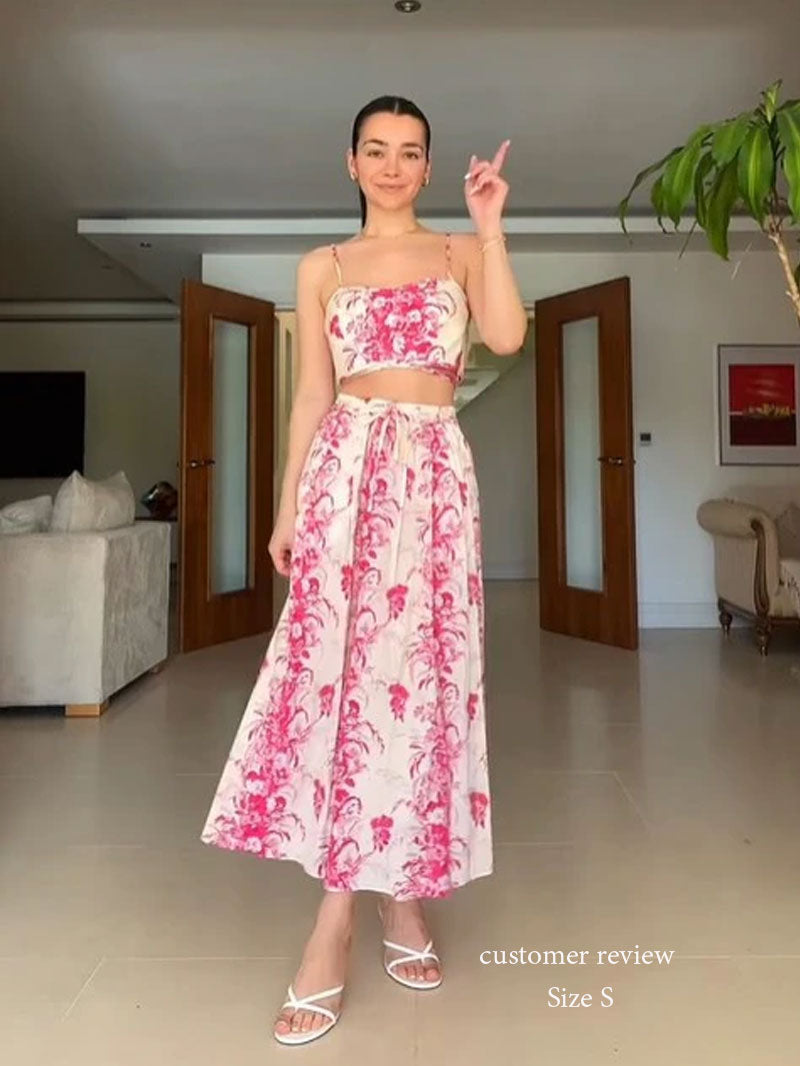 Boho Two Piece Set - Crop Top and Skirt for Summer Vacation Beach Vibes Pink Garden
