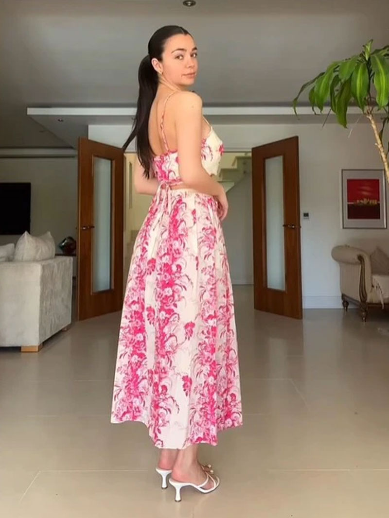 Boho Two Piece Set - Crop Top and Skirt for Summer Vacation Beach Vibes Pink Garden