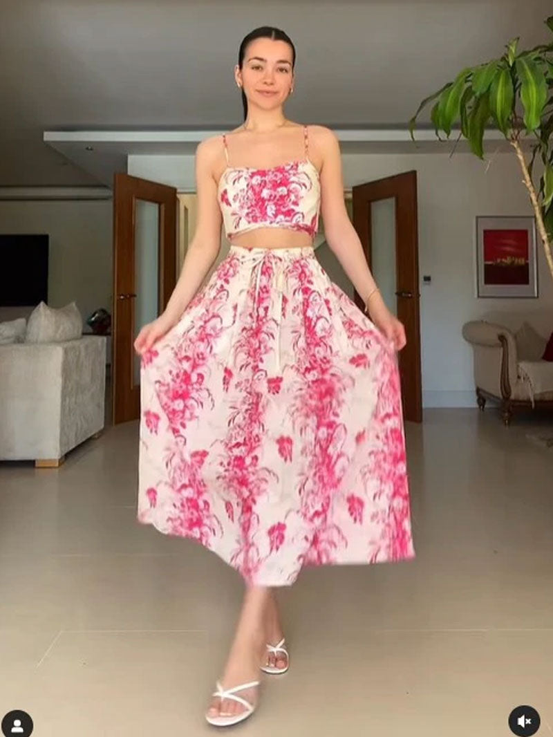 Boho Two Piece Set - Crop Top and Skirt for Summer Vacation Beach Vibes Pink Garden