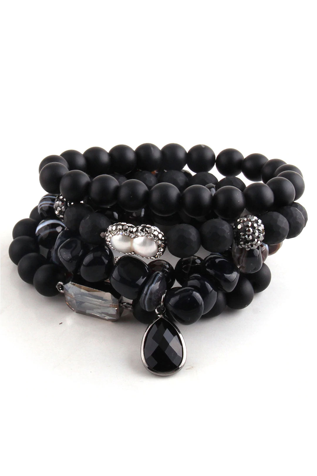 Boho Bracelet, RH Bracelet Set, Cubic Zircon Ball, Natural Stones,  in Black and White